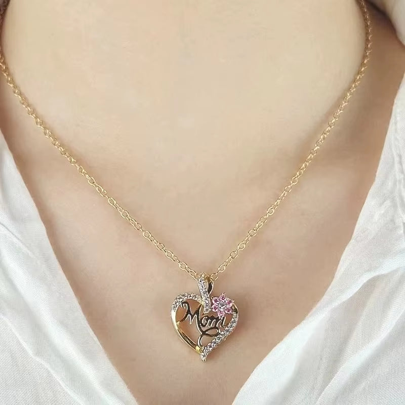 Huitan Mother'S Day Necklace for Mom Luxury Trendy Craved Pendant Necklace Pink Flower Aesthetic Neck Accessories Love Jewelry