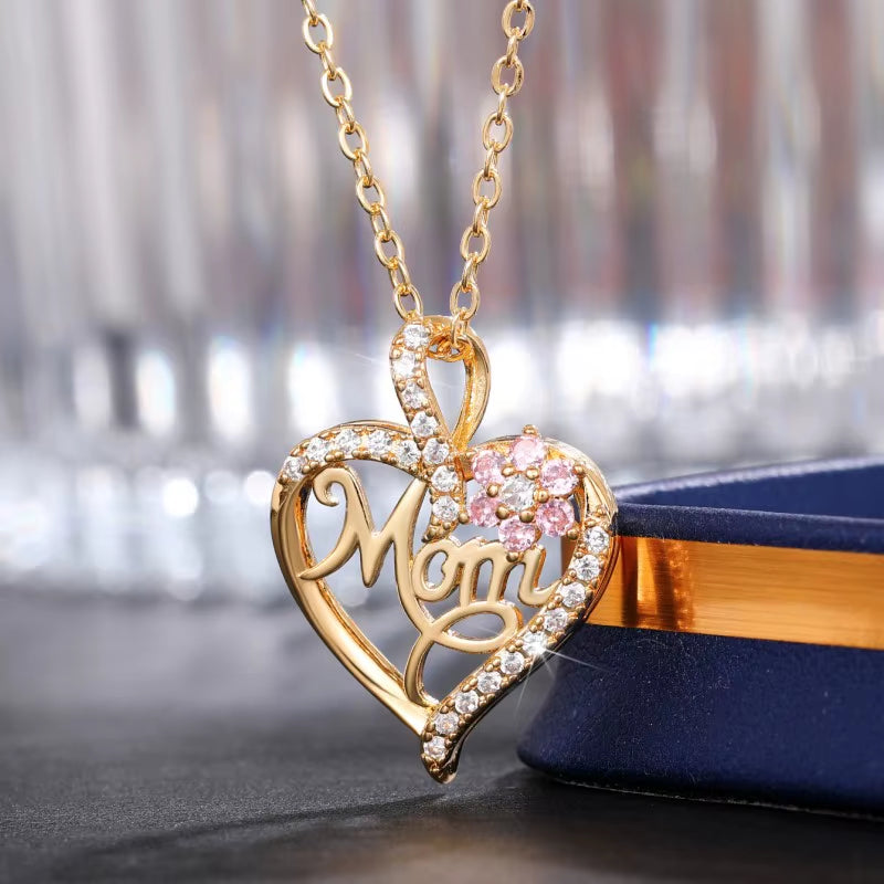 Huitan Mother'S Day Necklace for Mom Luxury Trendy Craved Pendant Necklace Pink Flower Aesthetic Neck Accessories Love Jewelry