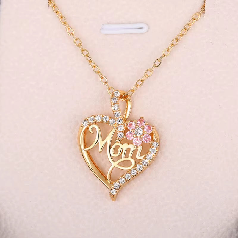 Huitan Mother'S Day Necklace for Mom Luxury Trendy Craved Pendant Necklace Pink Flower Aesthetic Neck Accessories Love Jewelry